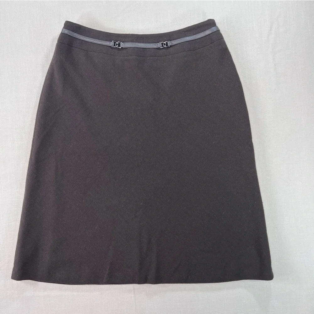 Jones New York Wool Skirt Size 6 Brown Leather Trim Zip Waist